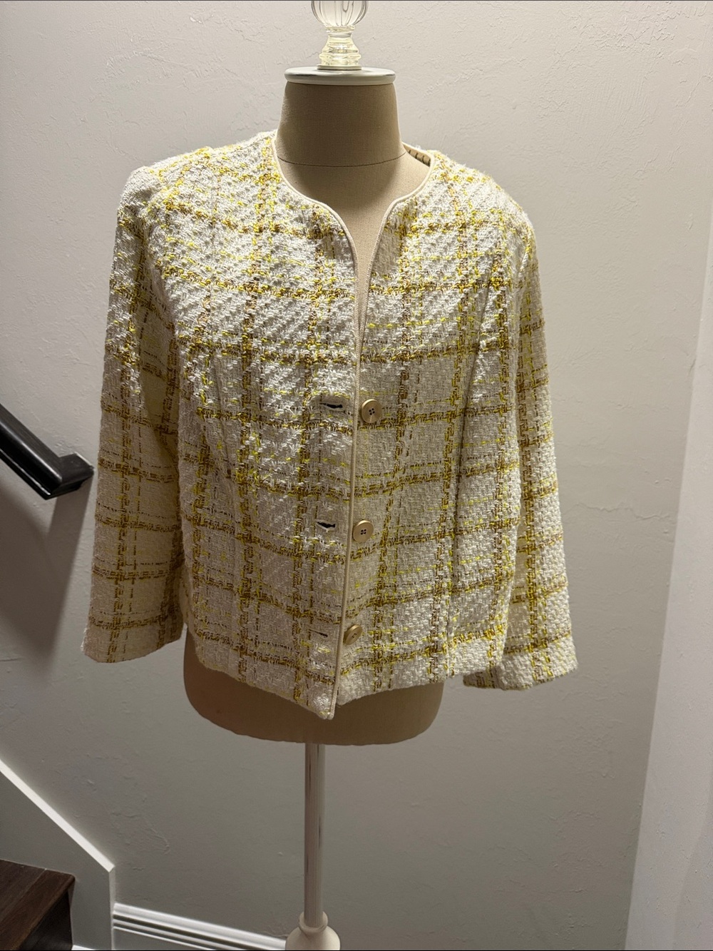 Cabi Women's Coco Cream & Yellow Tweed Button-Front Jacket